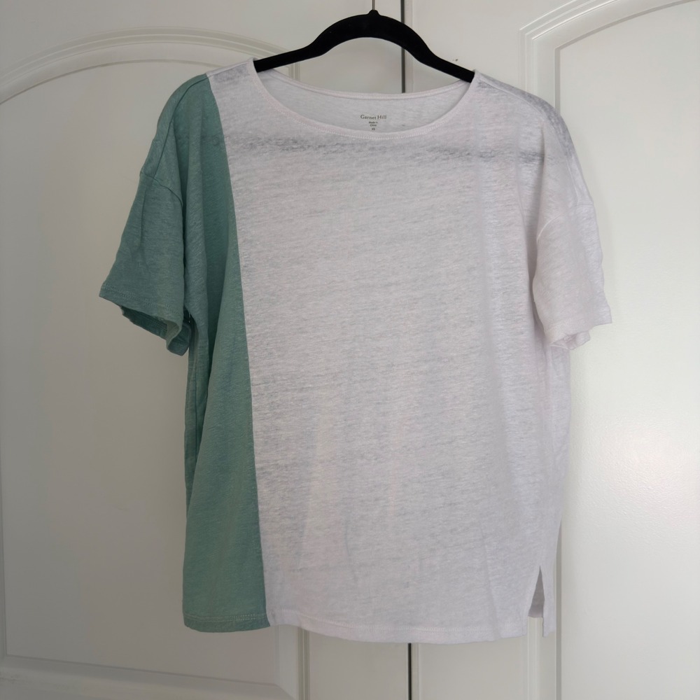 Garnet Hill Organic Linen Colorblock T-Shirt White Green XS